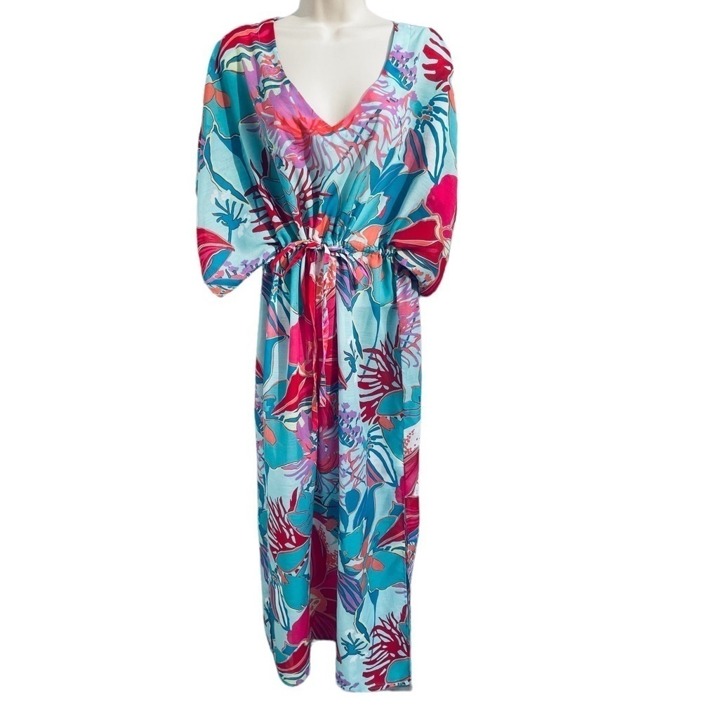 Talbots Flowy Floral Lightweight Drawstring Dress Swim Beach Cover V-neck 9841